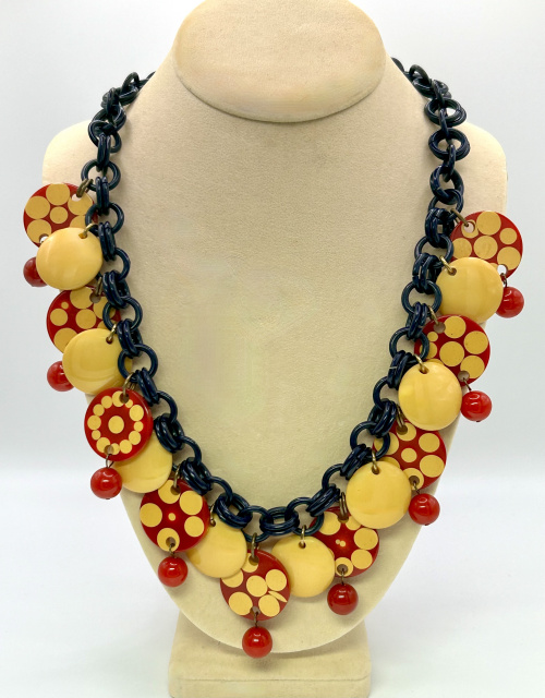 1960s Charles Elkaim red with cream bakelite injected dots necklace