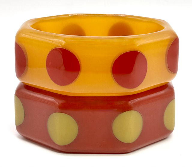 AB19 H Kronimus red & citron octagon dots bakelite bangles